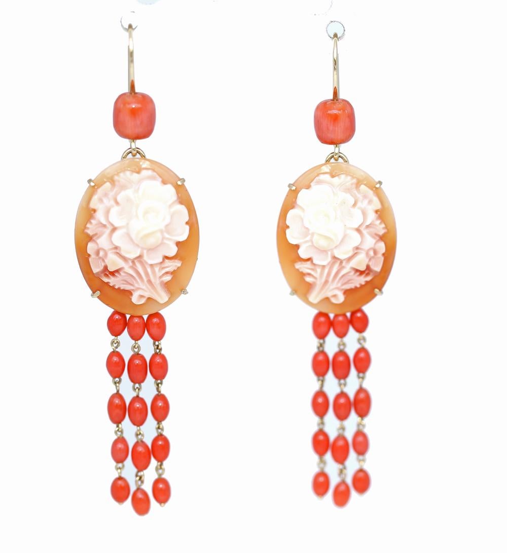 Cameo Earrings Carved Pink Flowers, 1930 For Sale 2