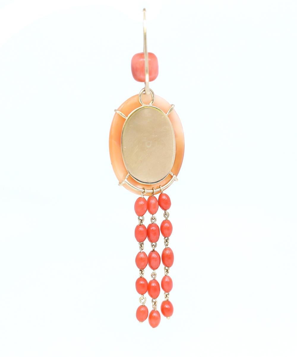 Cameo Earrings Carved Pink Flowers, 1930 For Sale 3