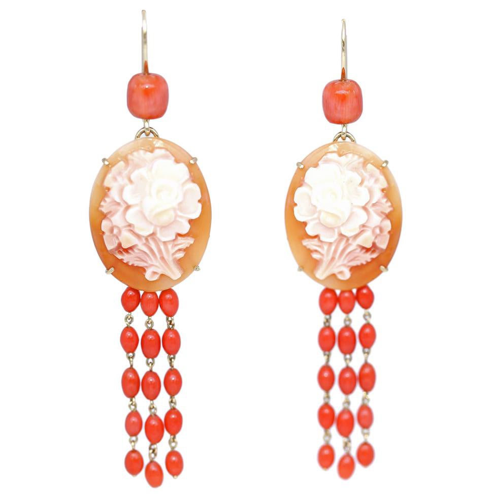 Cameo Earrings Carved Pink Flowers, 1930 For Sale