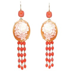Cameo Earrings Carved Pink Flowers, 1930