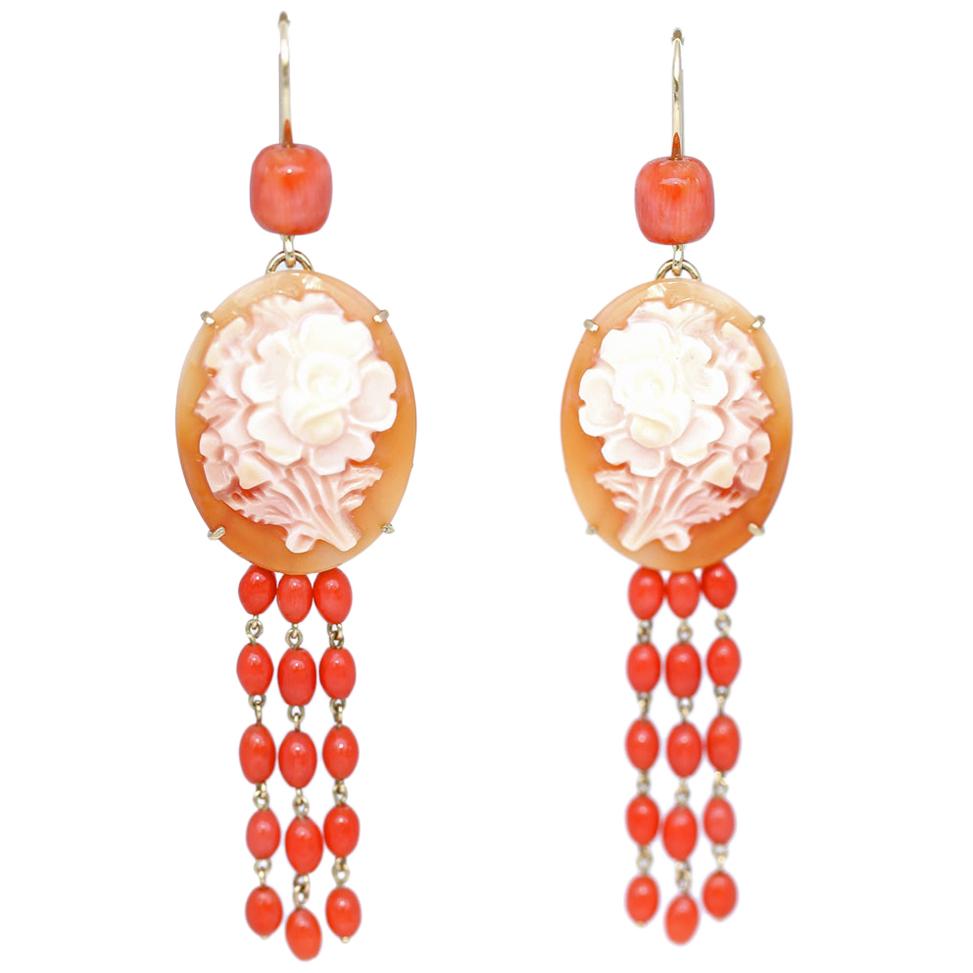 Cameo Earrings Carved Pink Flowers Coral