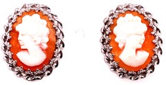 Cameo Earrings with Braided 14 Karat White Gold Border Post Back