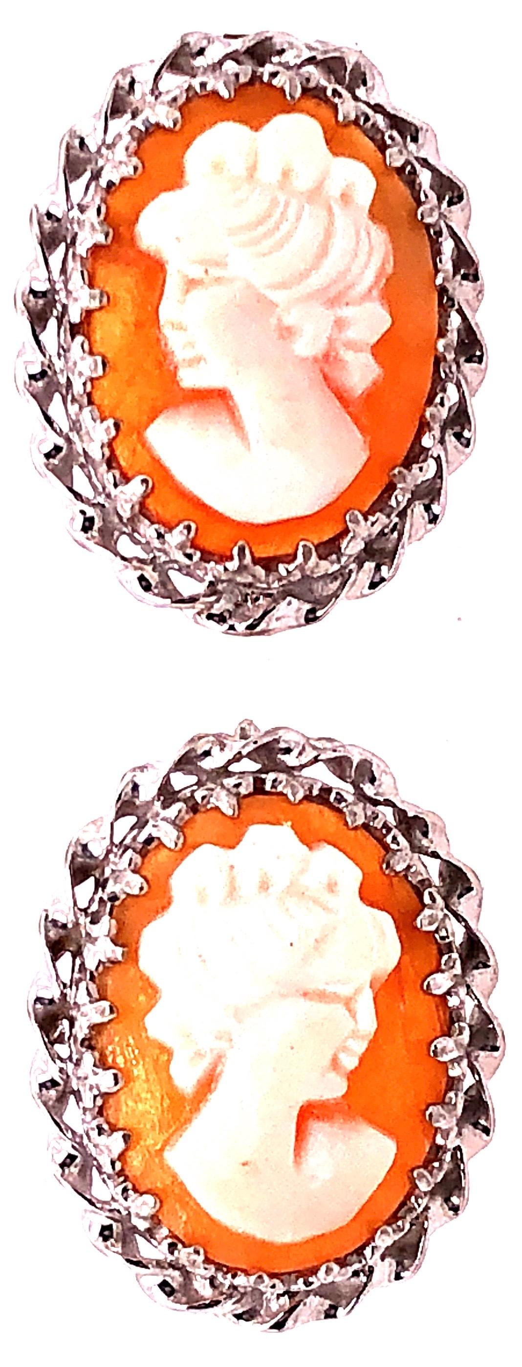 Modern Cameo Earrings with Braided 14 Karat White Gold Border Post Back For Sale