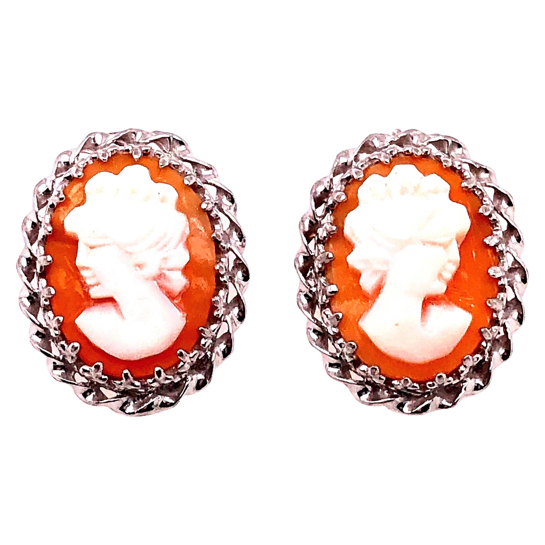 Cameo Earrings with Braided 14 Karat White Gold Border Post Back For Sale