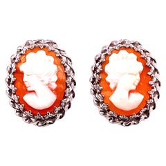 Cameo Earrings with Braided 14 Karat White Gold Border Post Back