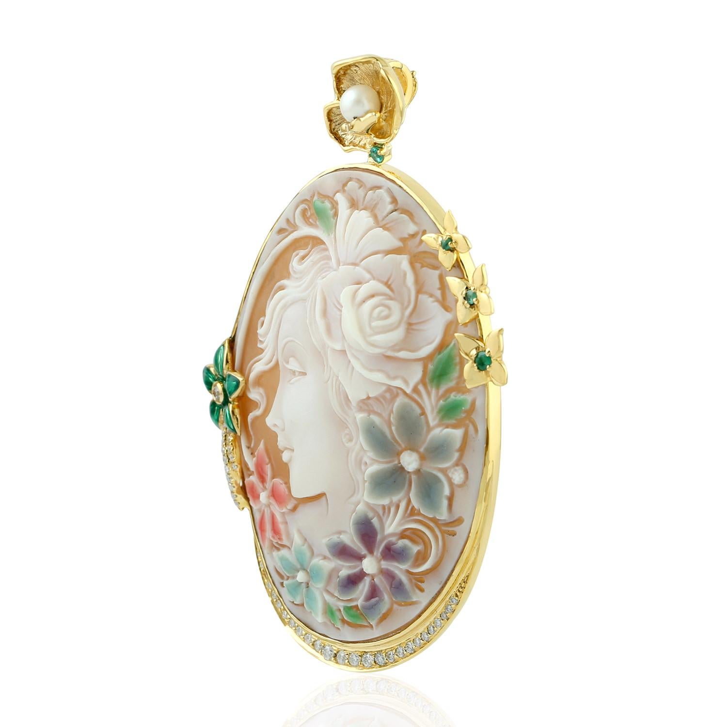 Cast in 18 karat gold. This beautiful cameo pendant necklace is set with 58.16 carats cameo shell, .16 carats emerald, .97 carats pearl and .50 carats of sparkling diamonds. Also available matching earrings.

FOLLOW  MEGHNA JEWELS storefront to view