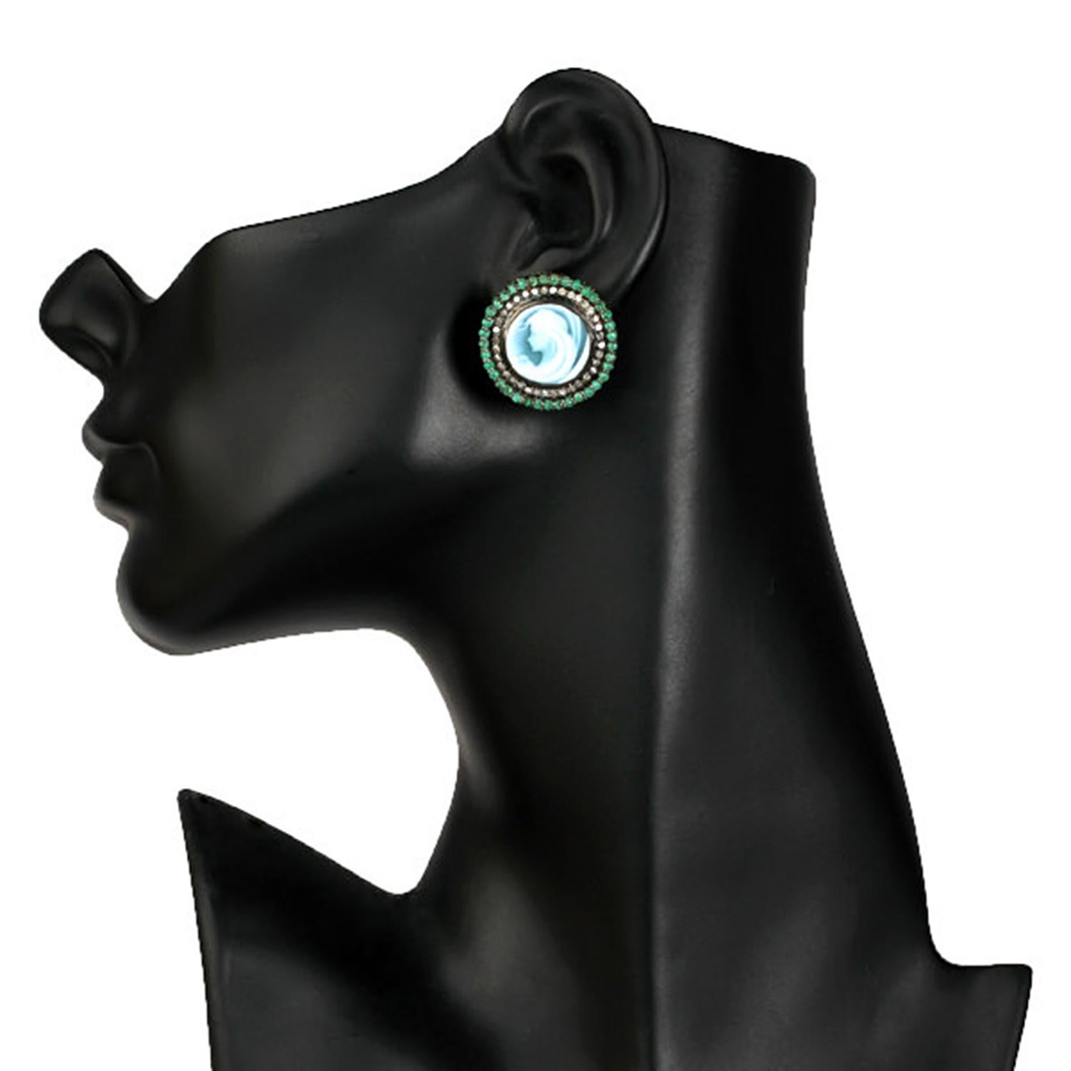 Contemporary Cameo Emerald Diamond Stud Earrings For Sale