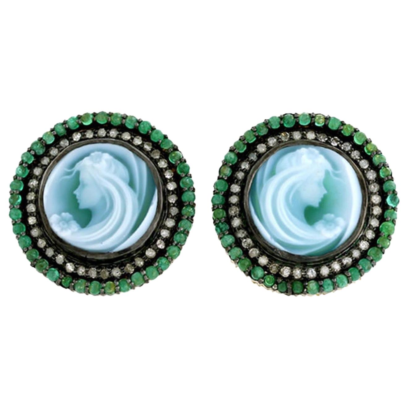 Cameo Emerald Diamond Stud Earrings For Sale