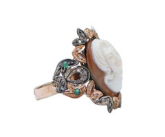 Cameo, Emeralds, Diamonds, Rose Gold and Silver Ring.