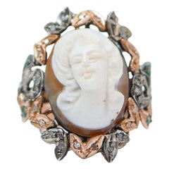 Cameo, Emeralds, Diamonds, Rose Gold and Silver Ring.