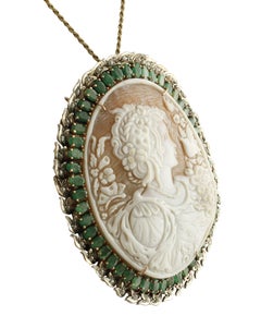 Cameo Emeralds  Diamonds Rose Gold Silver Pendant