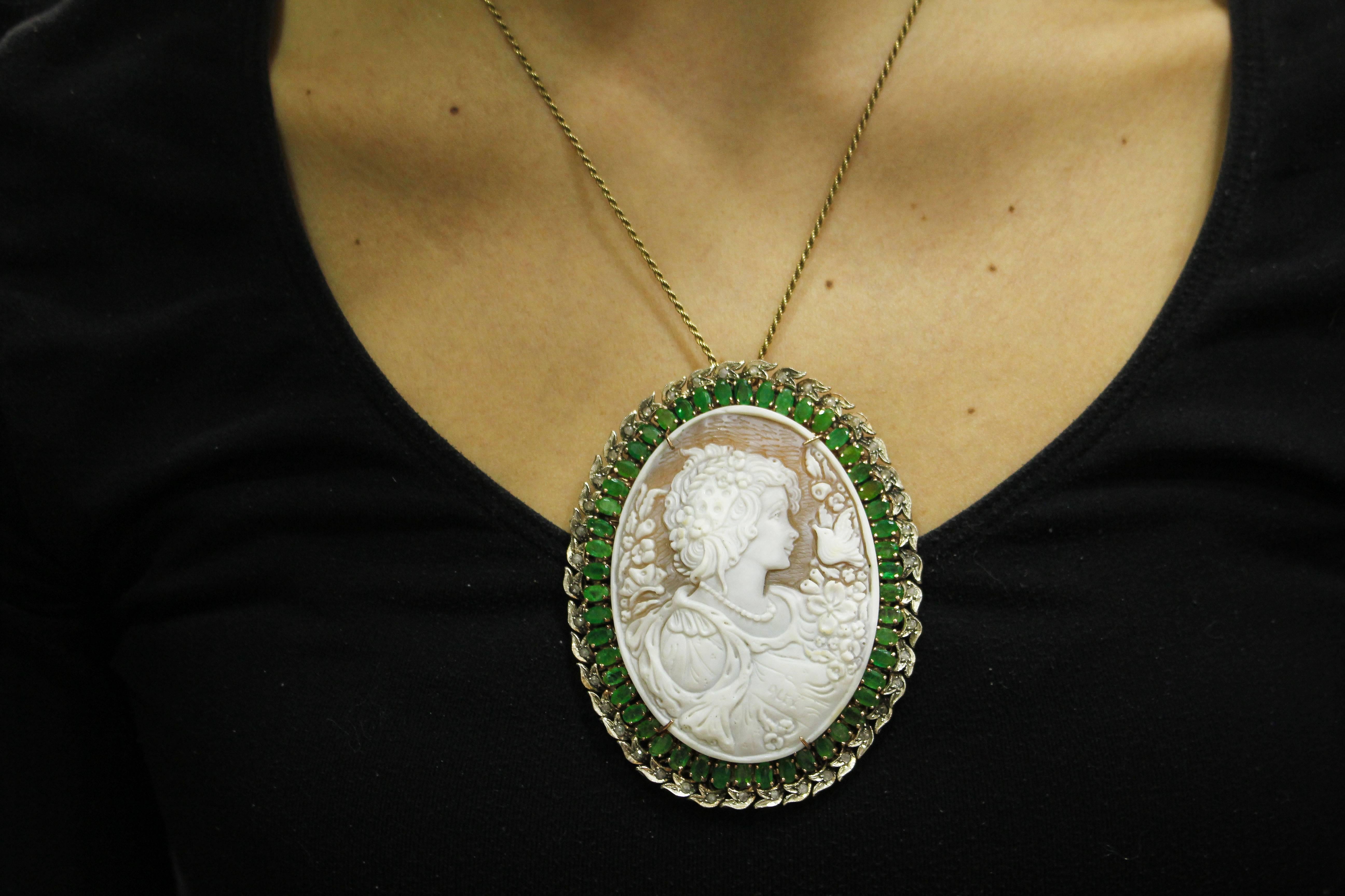 Women's Cameo Emeralds  Diamonds Rose Gold Silver Pendant