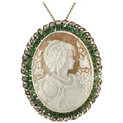 Cameo Emeralds  Diamonds Rose Gold Silver Pendant