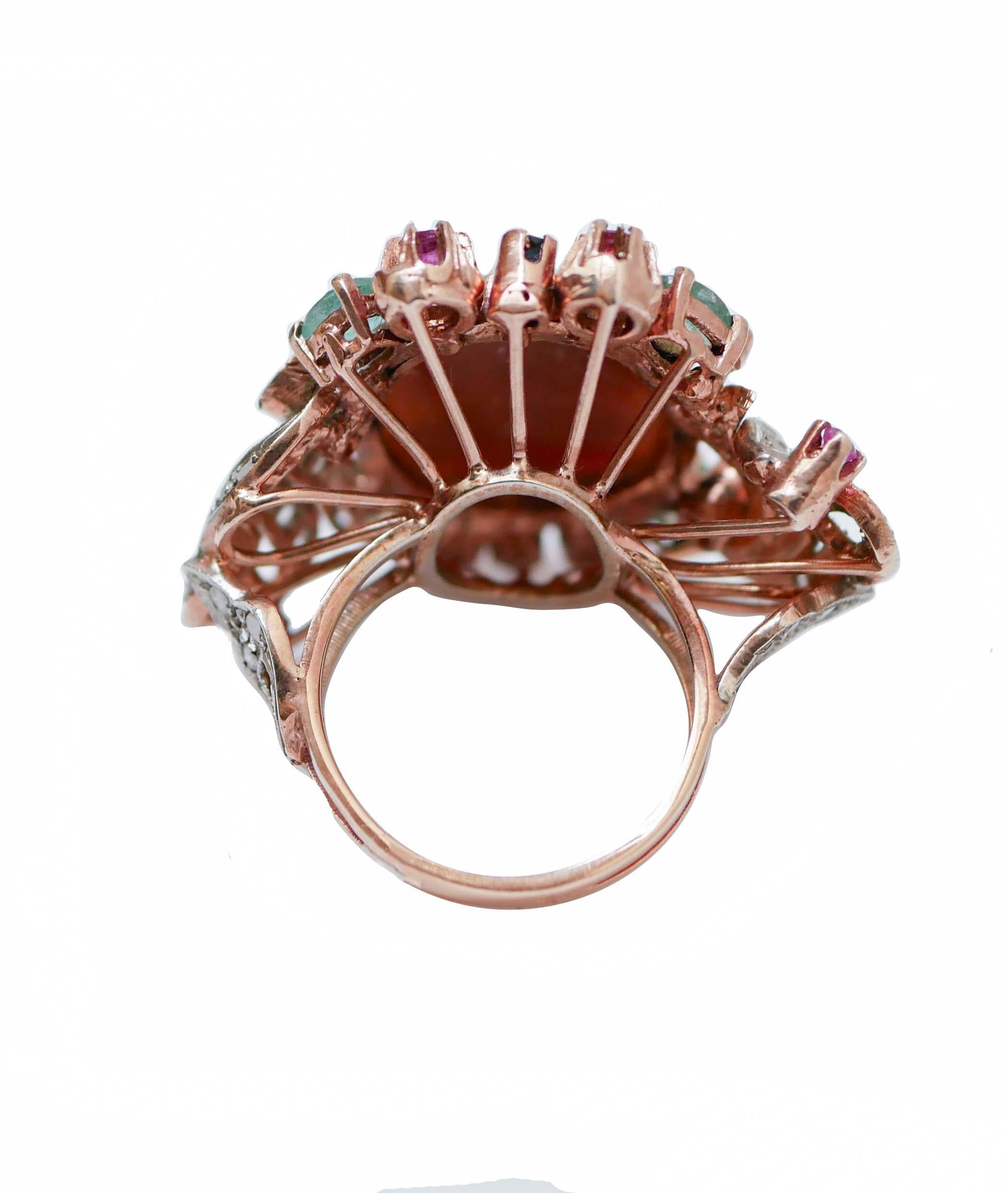 Retro Cameo, Emeralds, Rubies, Sapphires, Diamonds, 14 Karat Rose Gold and Silver Ring For Sale