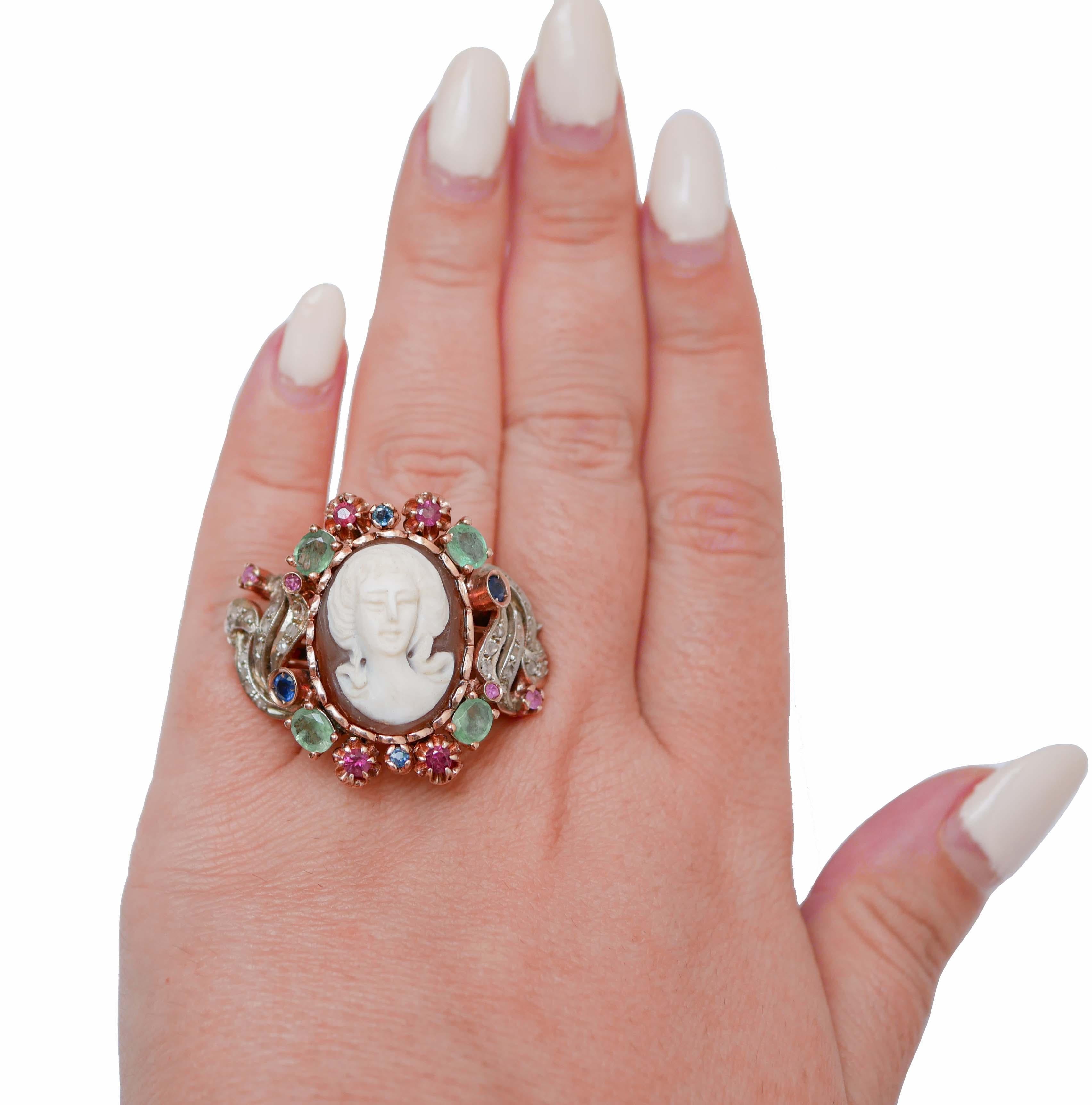 Mixed Cut Cameo, Emeralds, Rubies, Sapphires, Diamonds, 14 Karat Rose Gold and Silver Ring For Sale