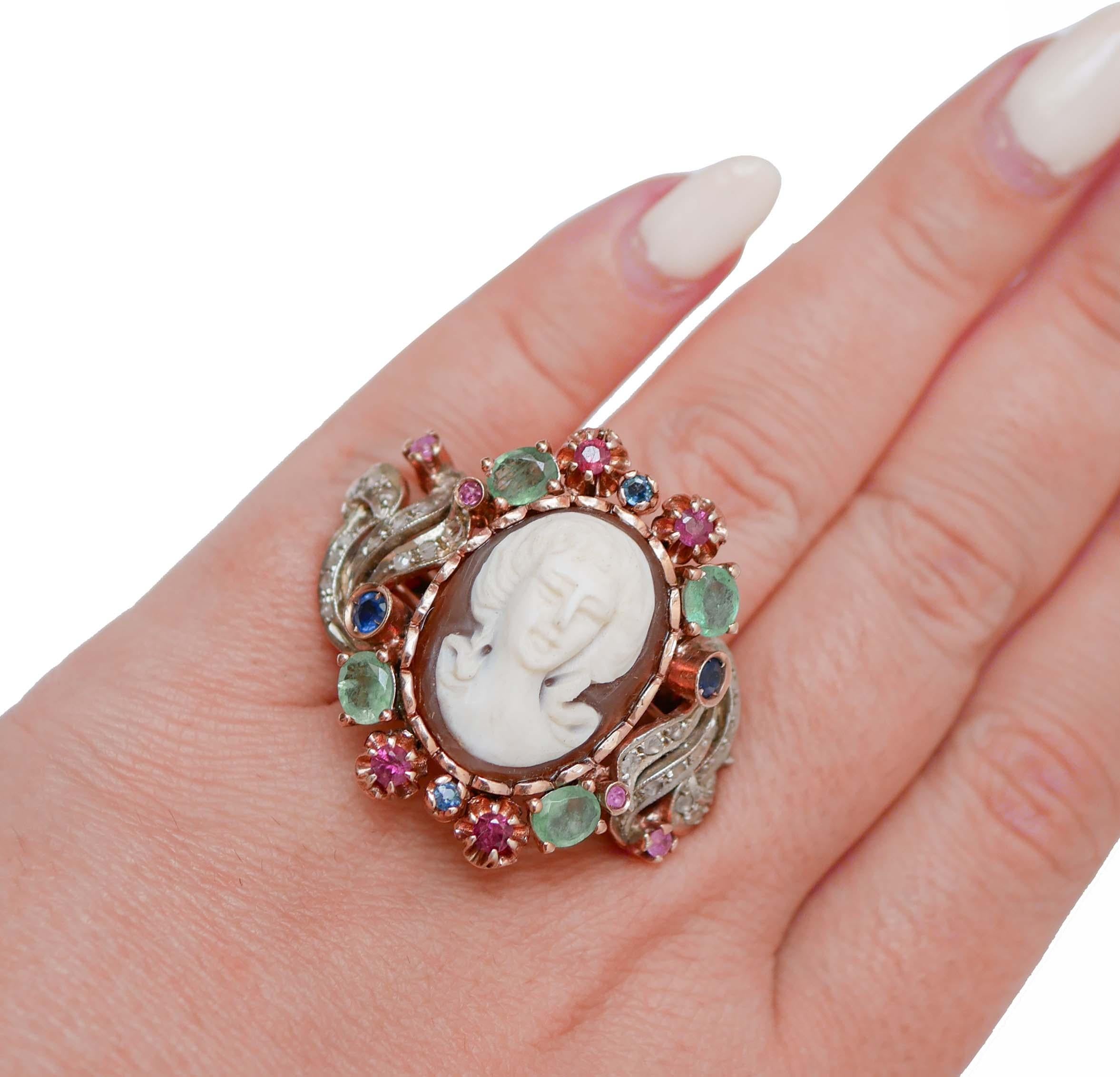 Cameo, Emeralds, Rubies, Sapphires, Diamonds, 14 Karat Rose Gold and Silver Ring In Good Condition For Sale In Marcianise, Marcianise (CE)