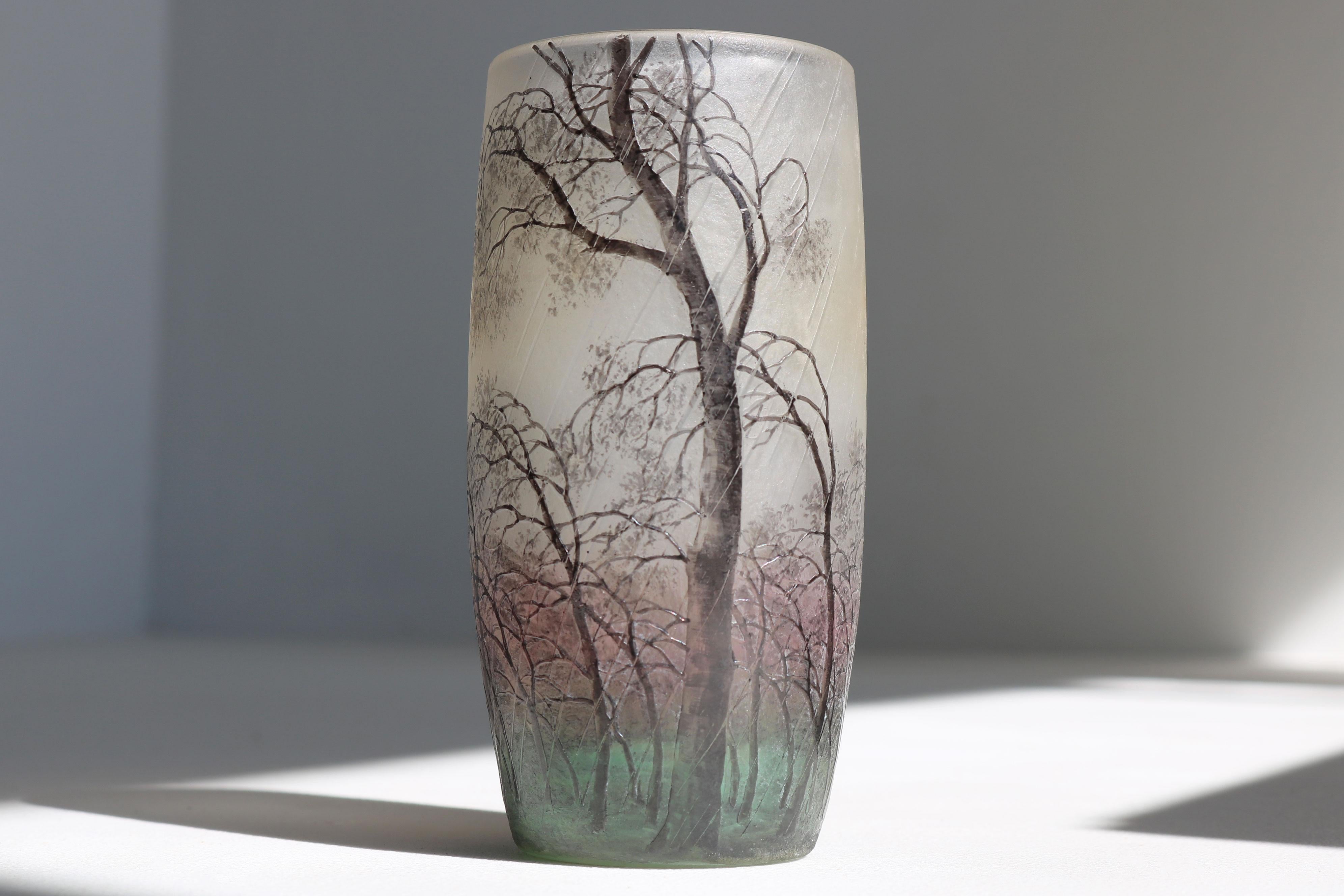Vaso in vetro inciso e smaltato a cammeo 'Paysage de Pluie' di Daum Freres Scena di pioggia in vendita 4