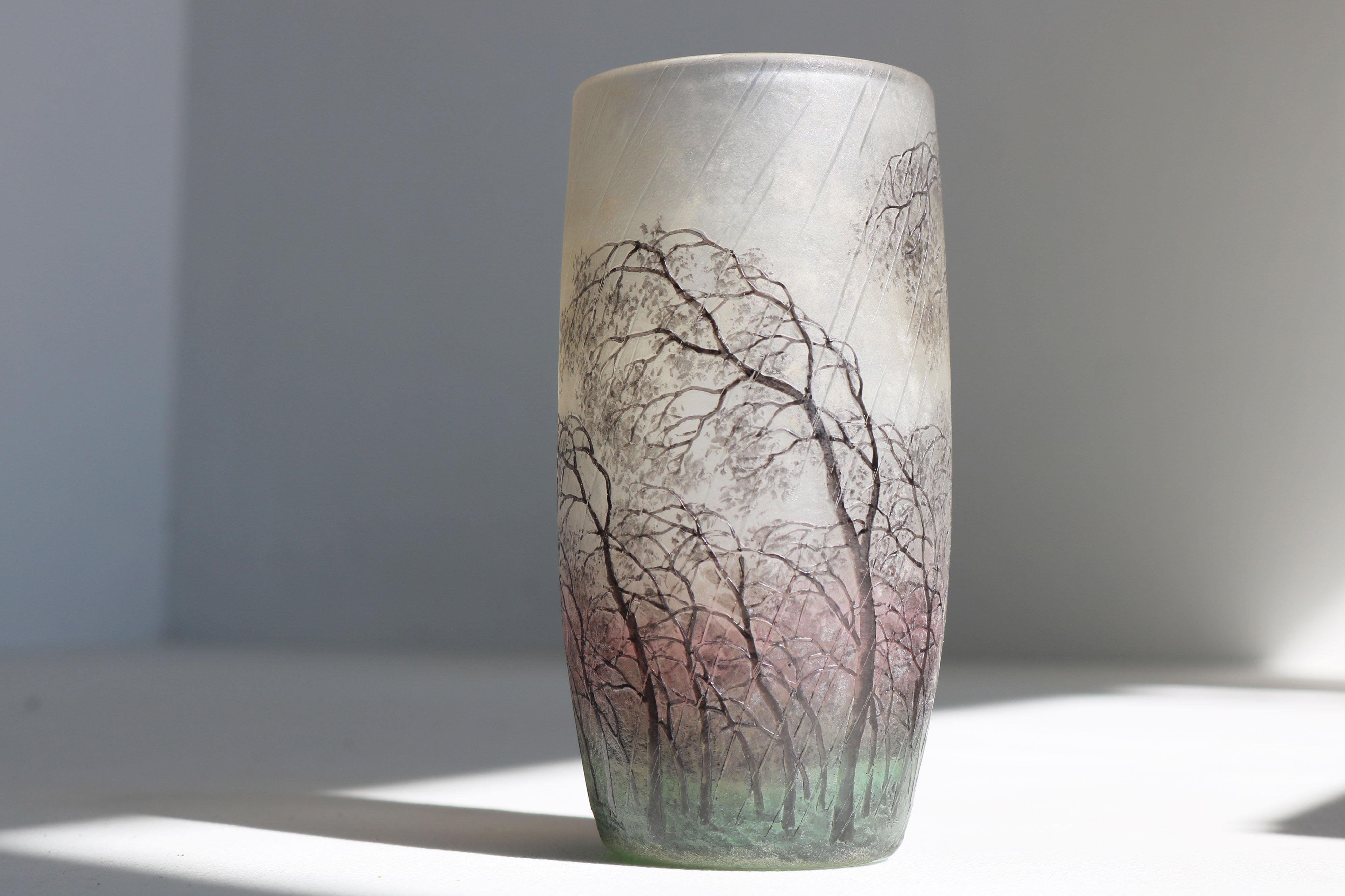 Vaso in vetro inciso e smaltato a cammeo 'Paysage de Pluie' di Daum Freres Scena di pioggia in vendita 5