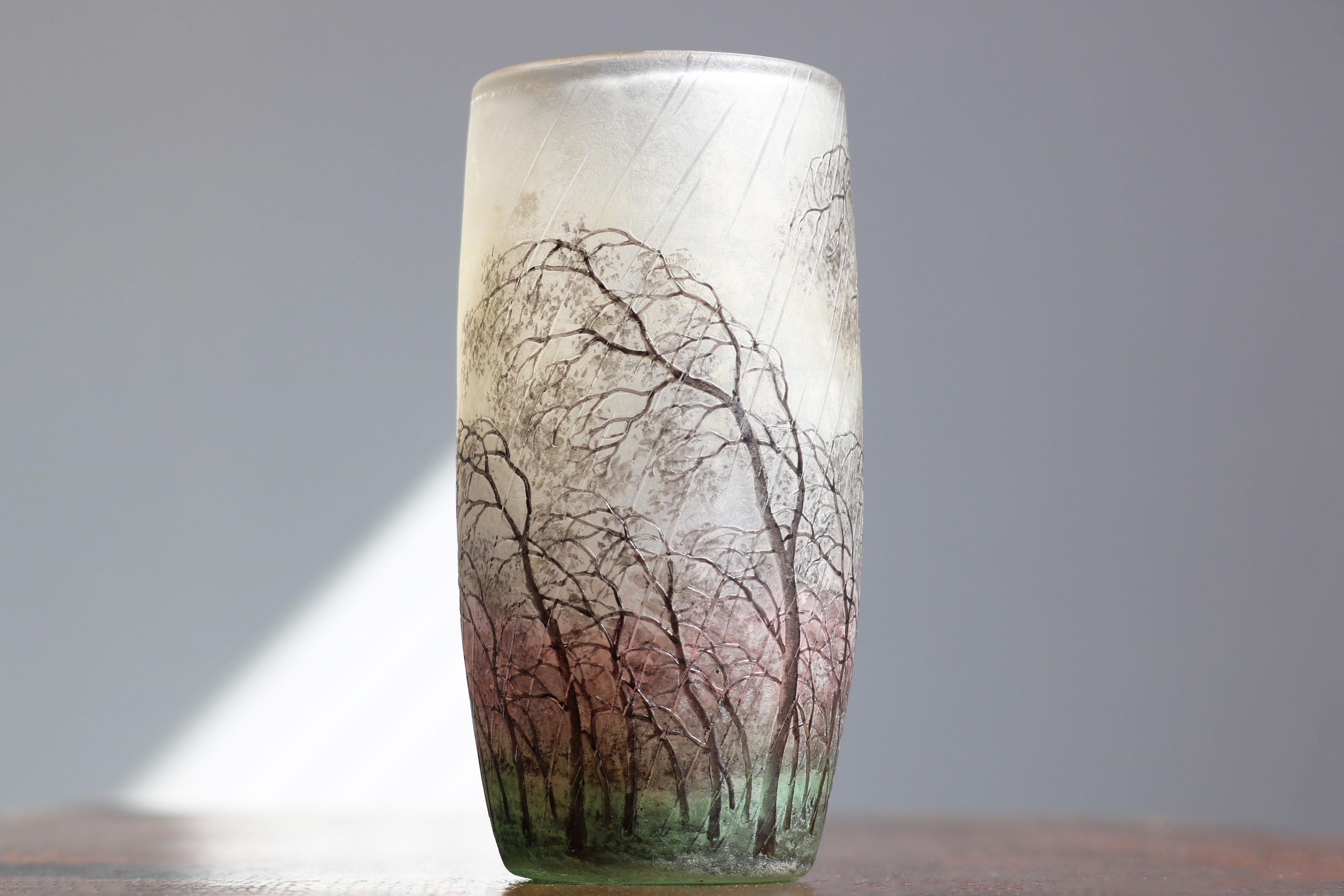 Vetro intagliato Vaso in vetro inciso e smaltato a cammeo 'Paysage de Pluie' di Daum Freres Scena di pioggia in vendita