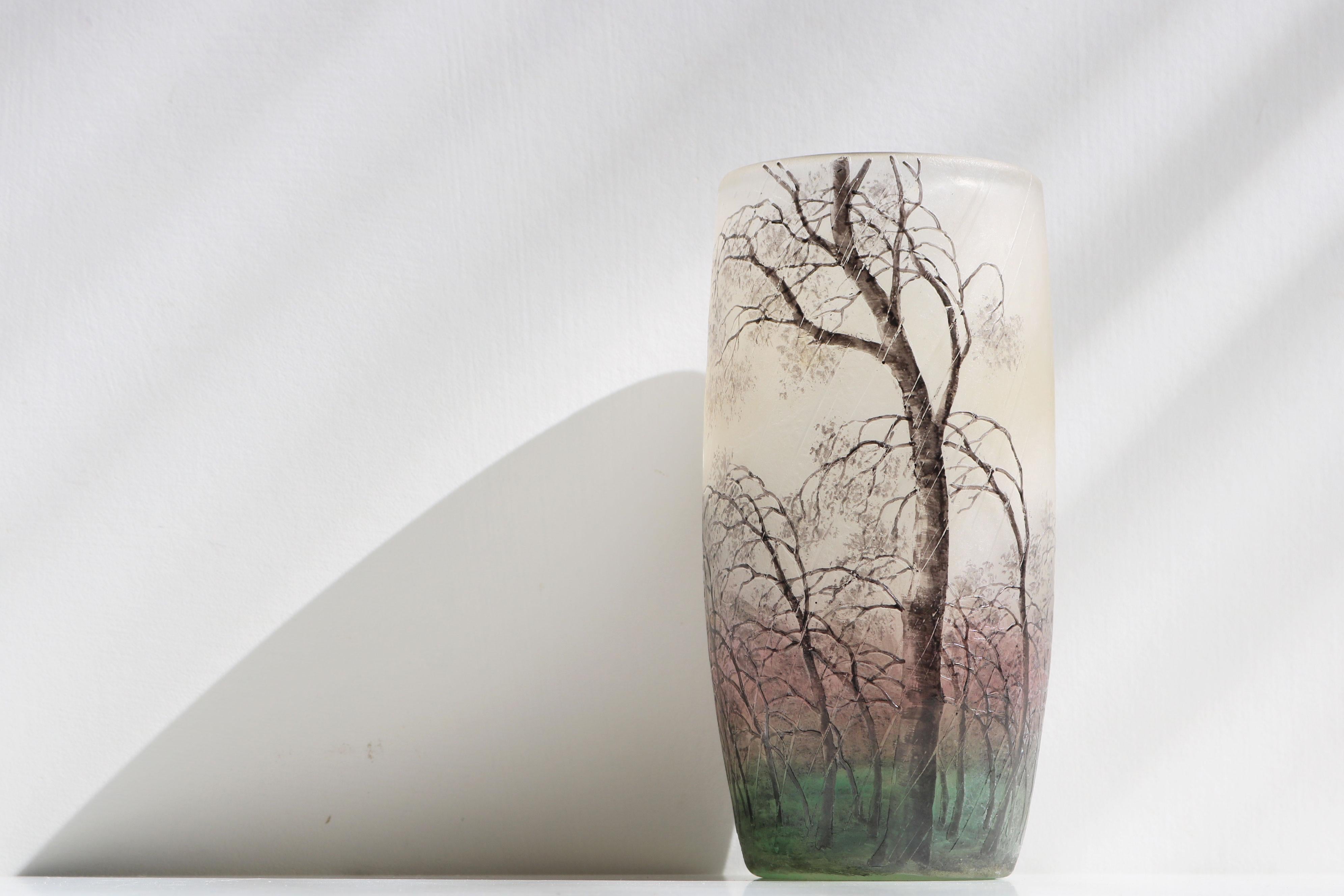 Vaso in vetro inciso e smaltato a cammeo 'Paysage de Pluie' di Daum Freres Scena di pioggia in vendita 1