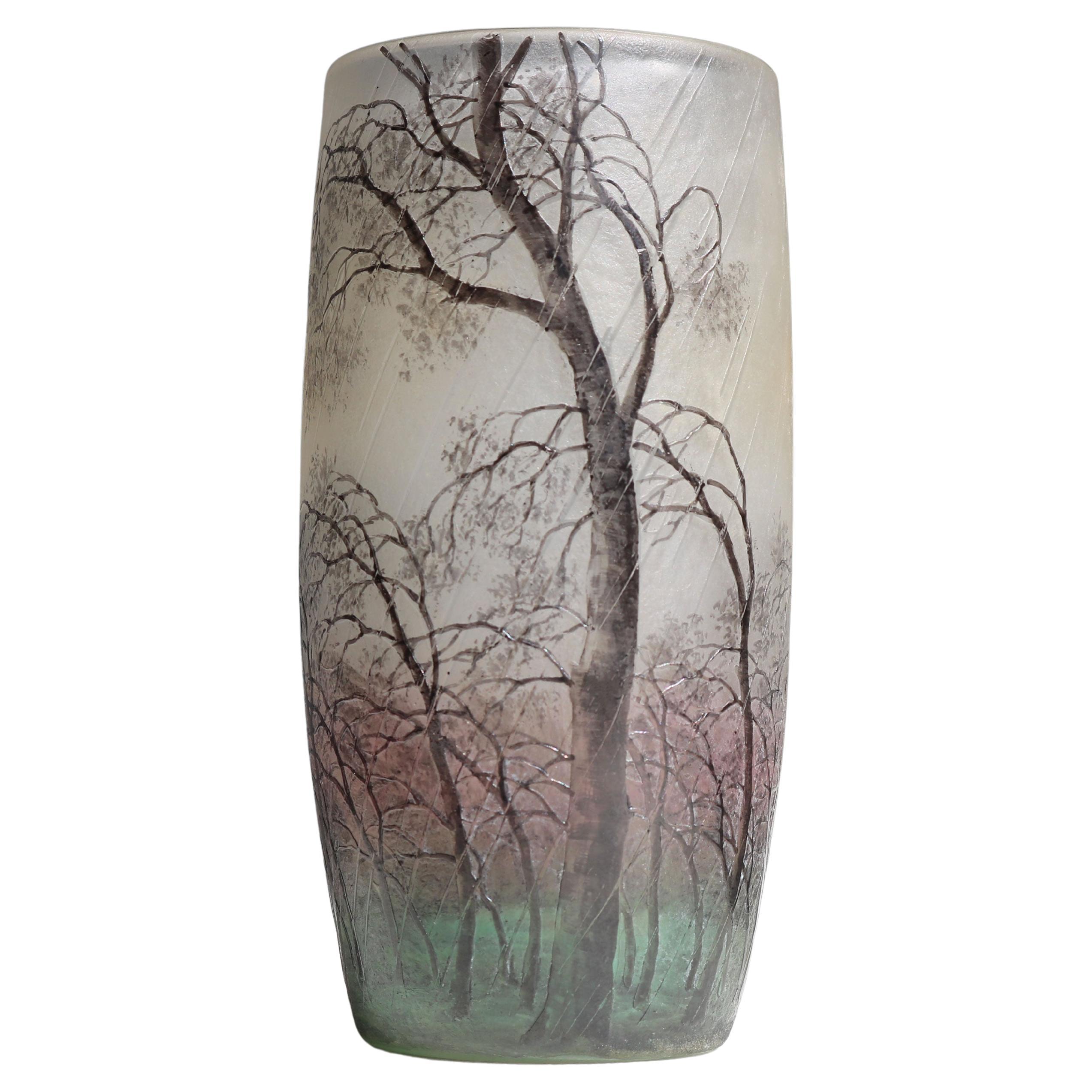 Cameo Etched & Enameled Glass Vase 'Paysage de Pluie' by Daum Freres Rain Scene