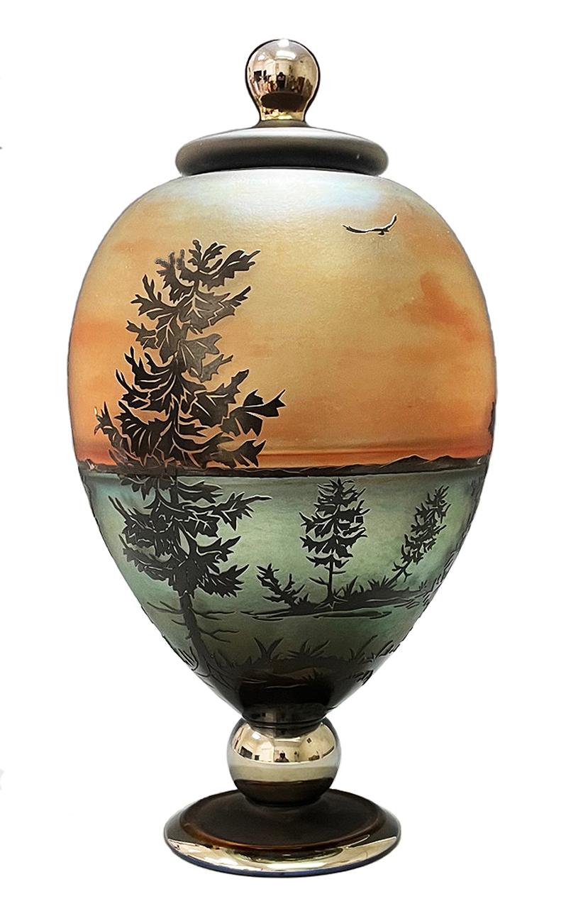 American Craftsman Cameo Etched Glass Lidded Jar, Designed and Made by Gary Genetti For Sale