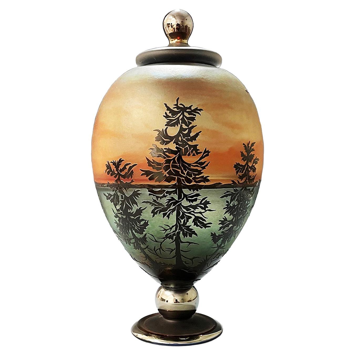 Cameo Etched Glass Lidded Jar, Designed and Made by Gary Genetti For Sale
