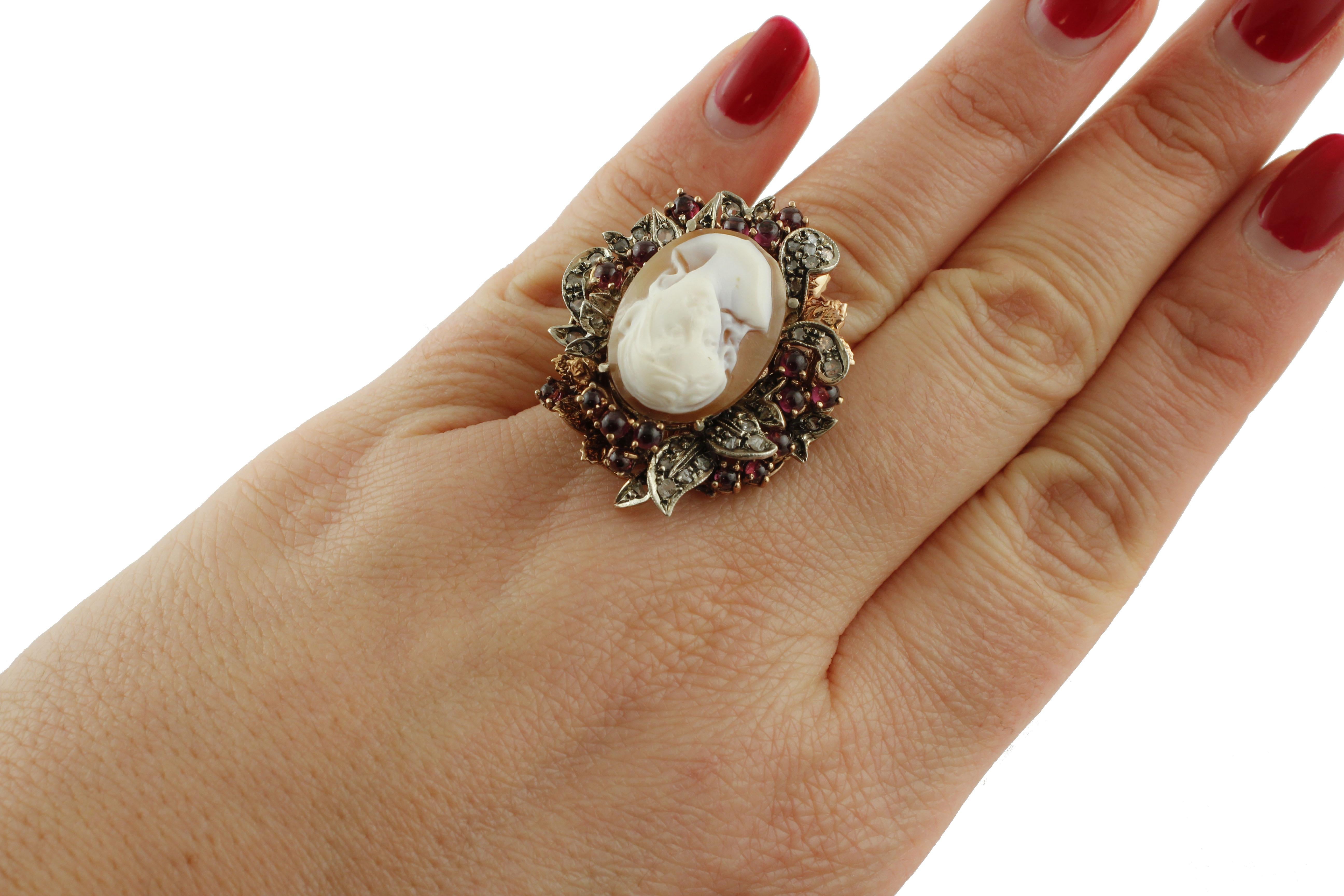 Women's Cameo Garnet Diamond Rose Gold and Silver Ring For Sale