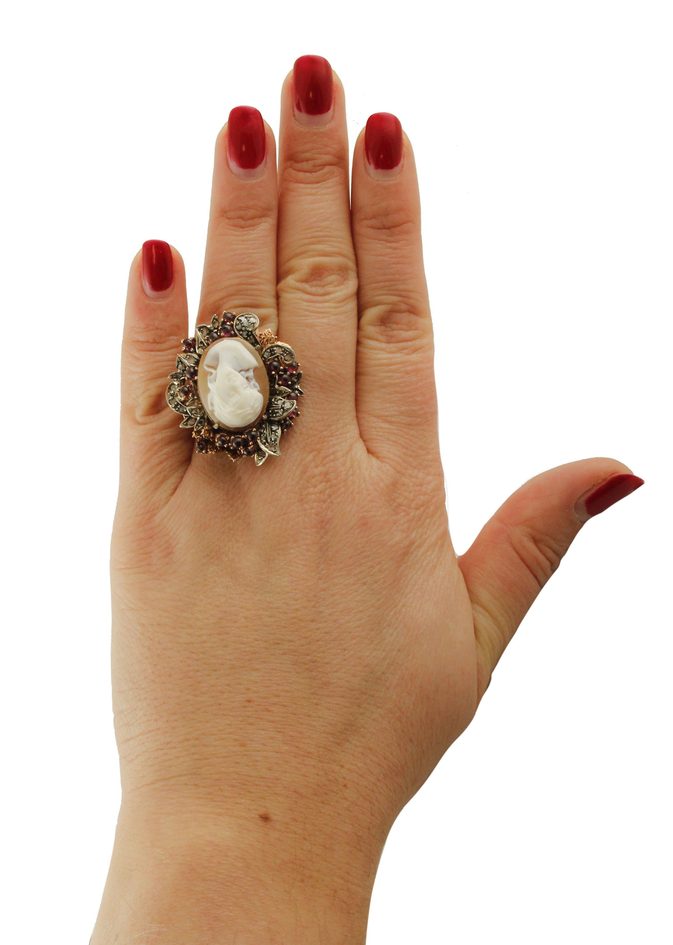 Cameo Garnet Diamond Rose Gold and Silver Ring For Sale 1