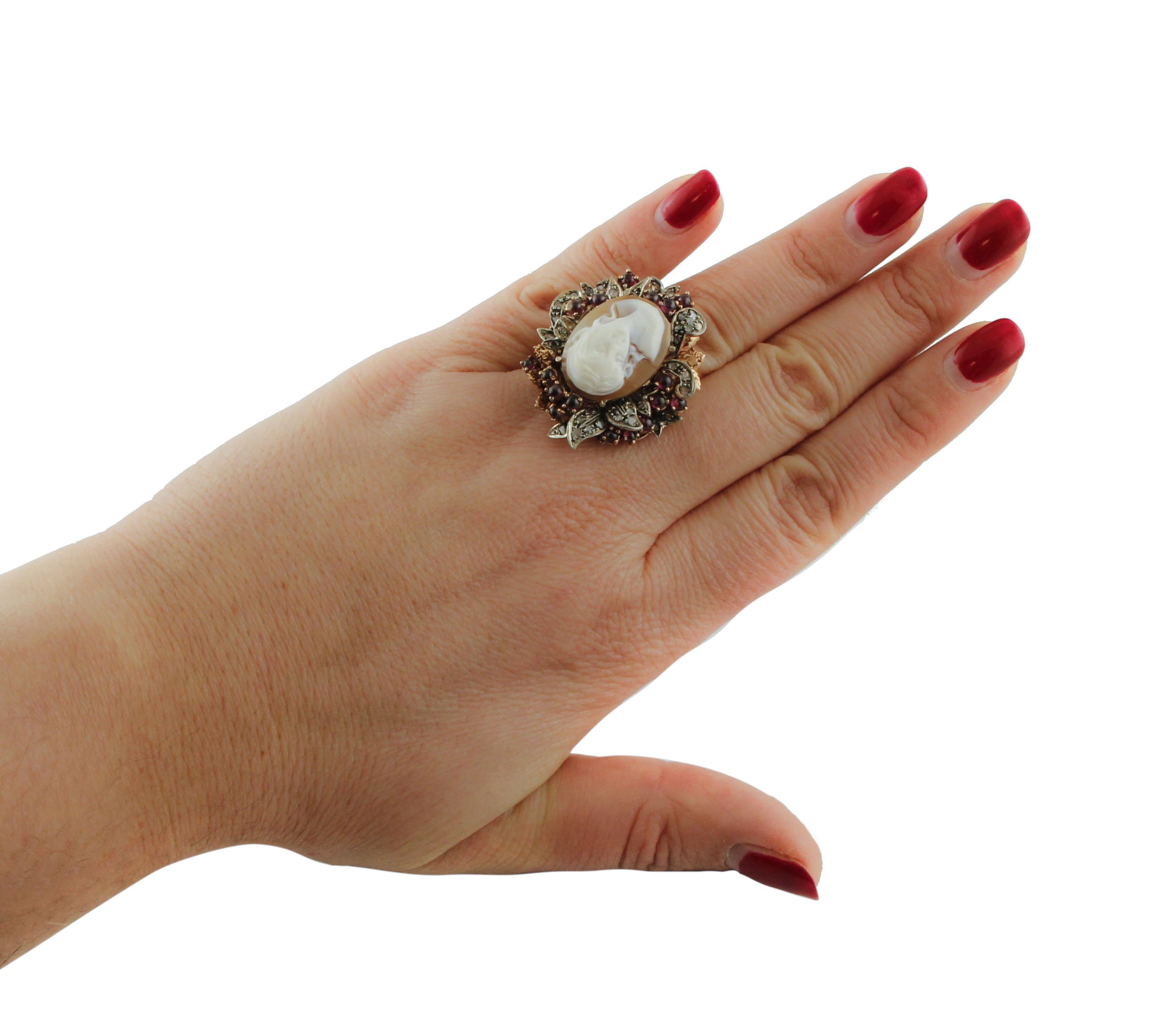 Cameo Garnet Diamond Rose Gold and Silver Ring For Sale 2