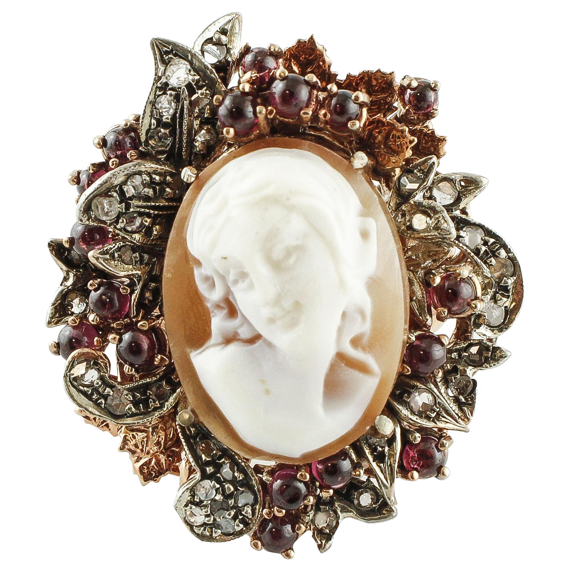 Cameo Garnet Diamond Rose Gold and Silver Ring