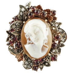 Cameo Garnet Diamond Rose Gold and Silver Ring