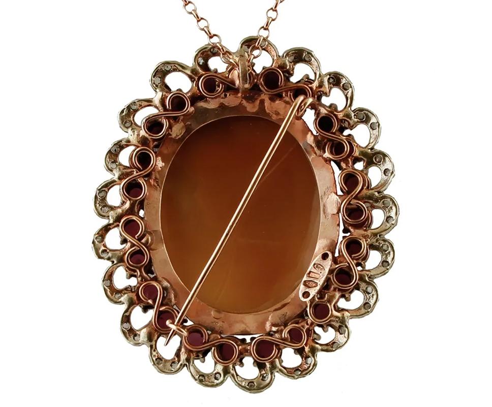 Retro Cameo, Garnets, Diamonds, Rose Gold and Silver Vintage Brooch/Pendant For Sale
