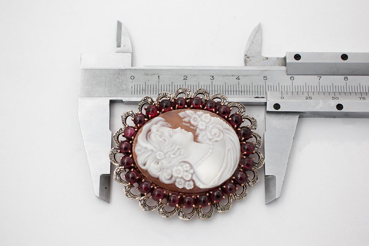 Cameo, Garnets, Diamonds, Rose Gold and Silver Vintage Brooch/Pendant For Sale 3