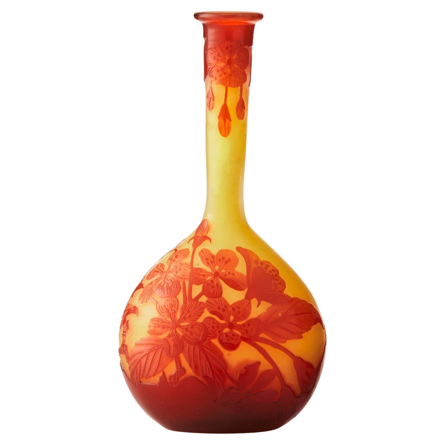Cameo Glass Banjo Vase, by Emile Galle Décor Begonias, France, circa 1900