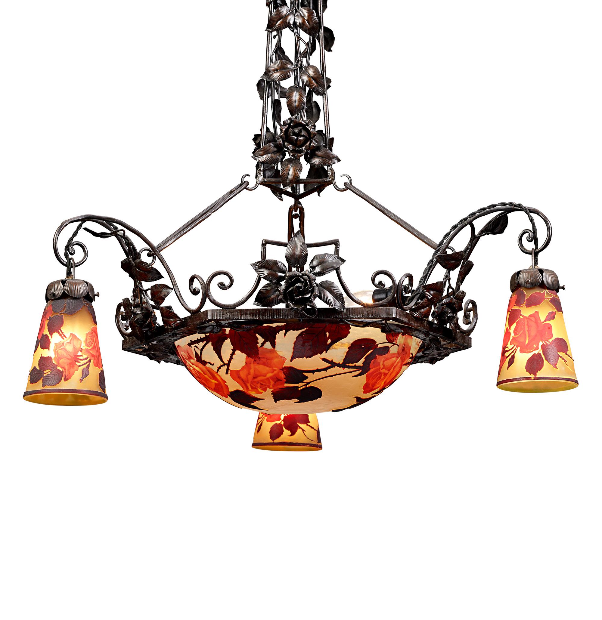 Art Nouveau Cameo Glass Chandelier By Muller Frères For Sale