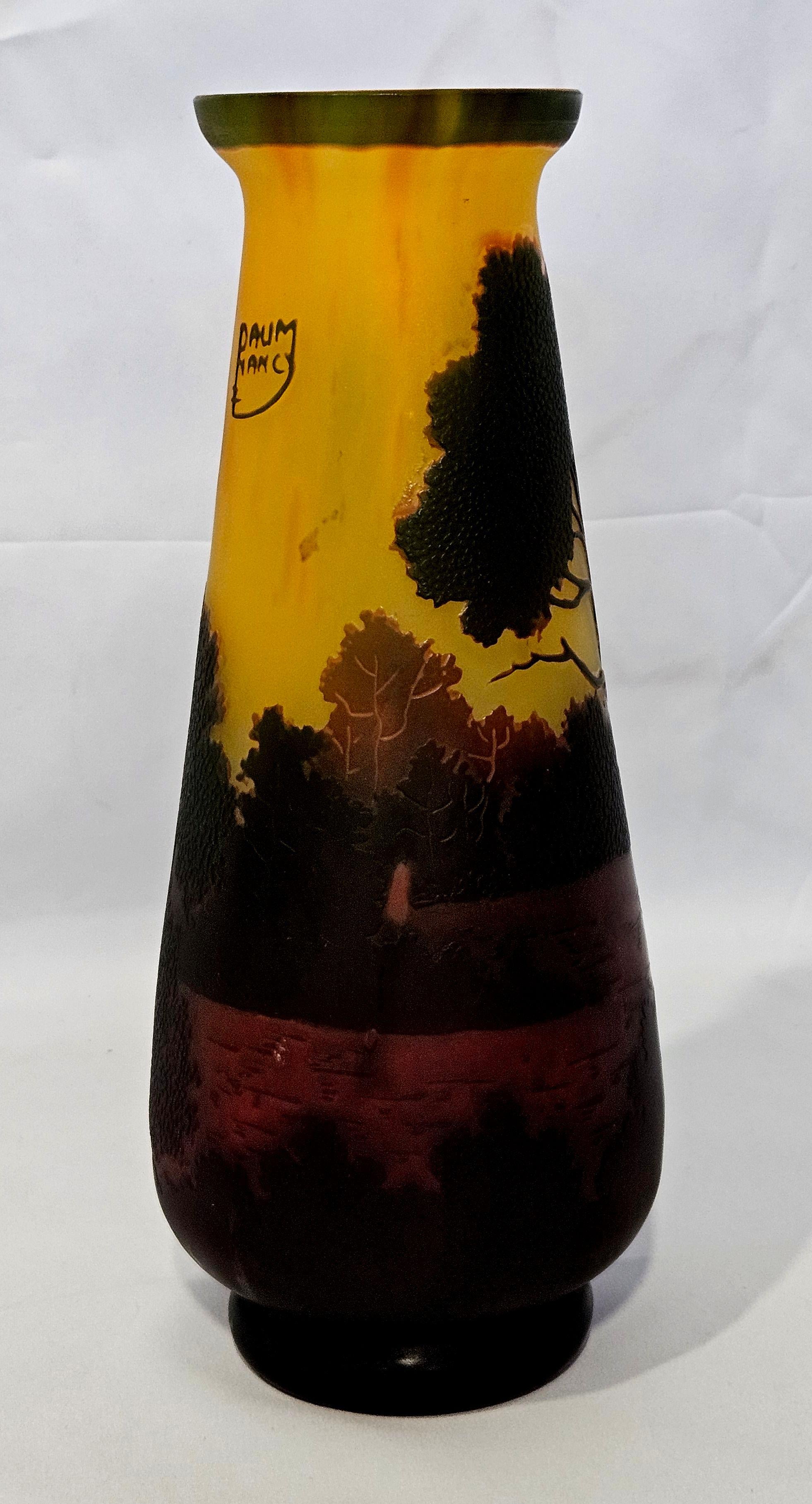 Francese Vaso da paesaggio in vetro cammeo con firma spuria 