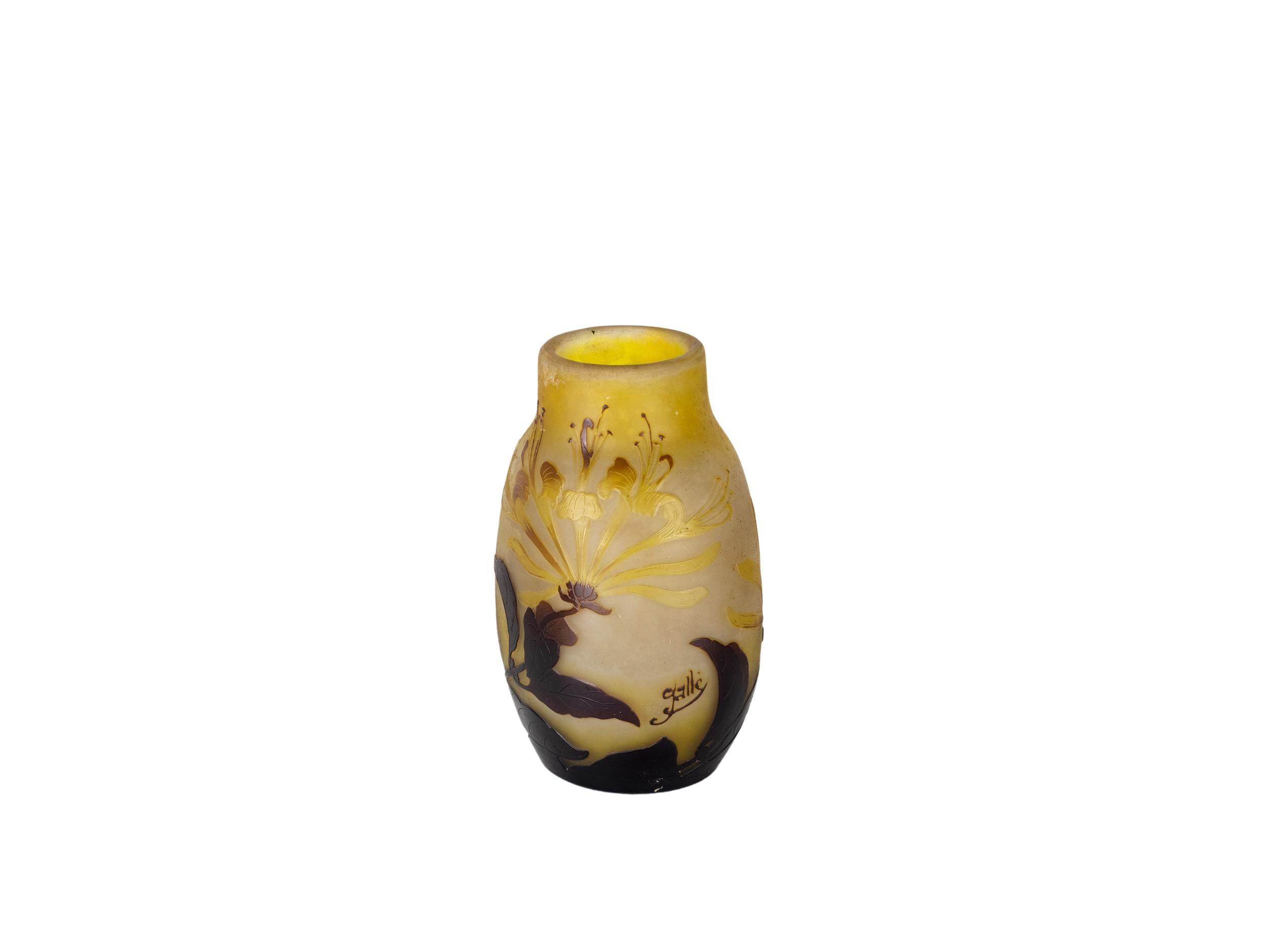 Impressionnant vase Art Nouveau Emile Galle Camée paysage, à fond jaune et détails bruns incrustés, végétation aquatique et tonalité automnale. 
Représenter une magnifique fleur Fuschia dans toute sa splendeur et dans des conditions de lumière