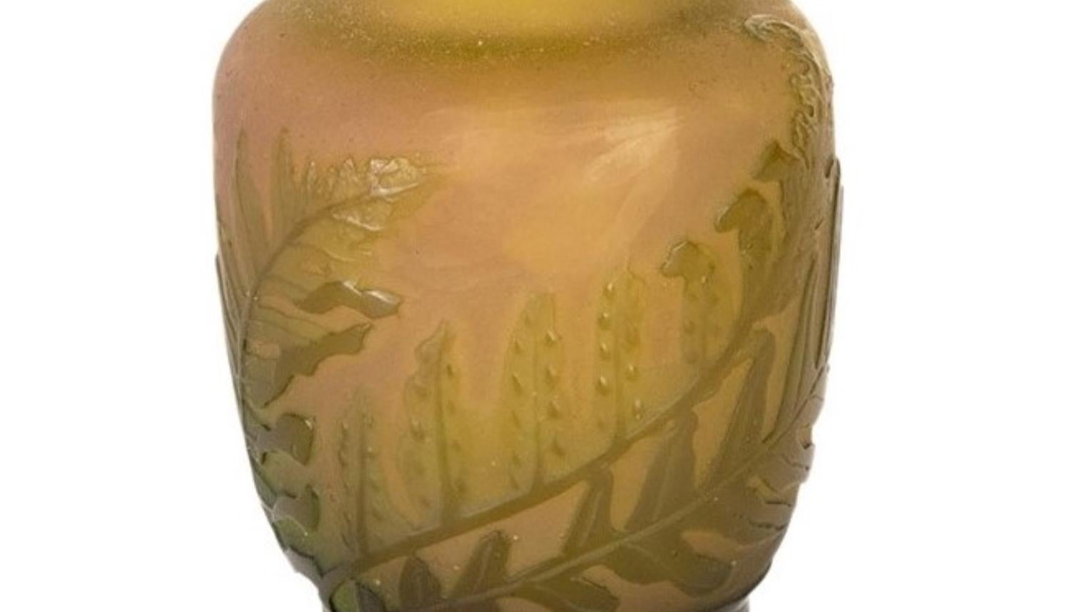 Art Nouveau Cameo Glass Vase Green Fern by Emile Galle, 20th Century For Sale
