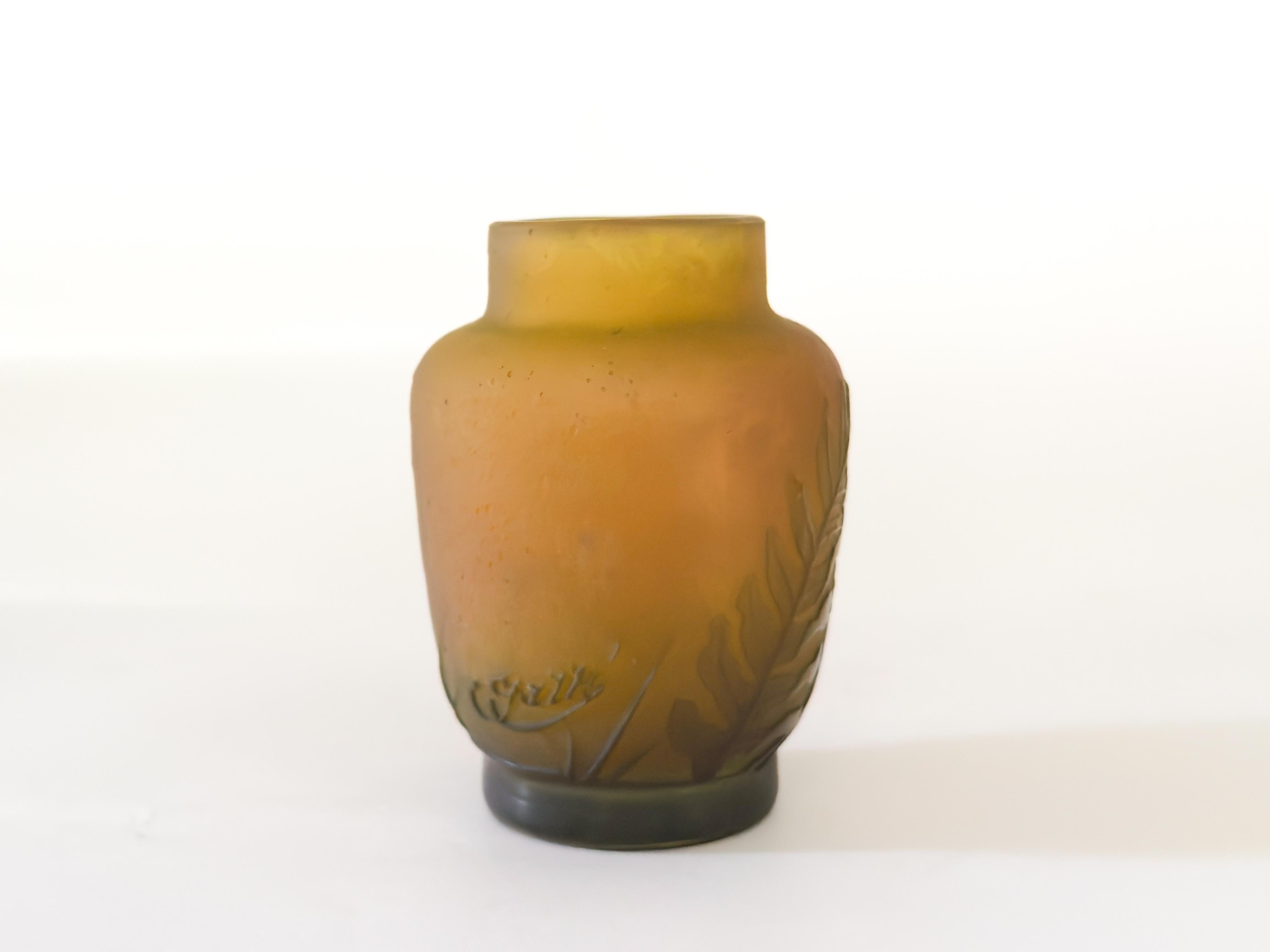 Art Nouveau Cameo Glass Vase Green Fern by Emile Galle, 20th Century For Sale