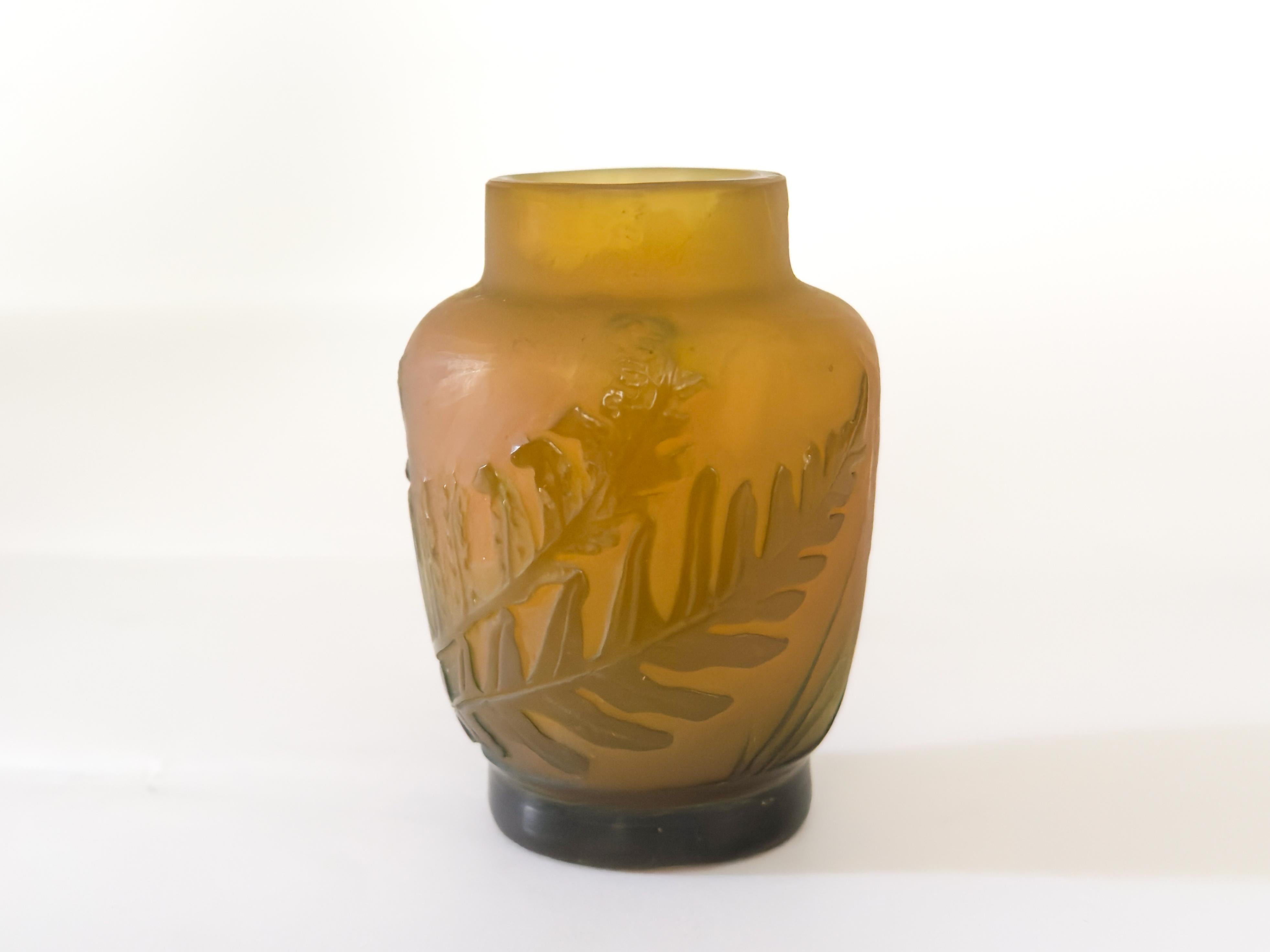 Art Glass Cameo Glass Vase Green Fern by Emile Galle, 20th Century For Sale
