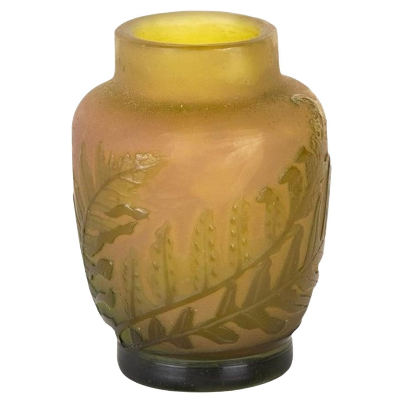 Cameo Glass Vase Green Fern by Emile Galle, 20th Century For Sale