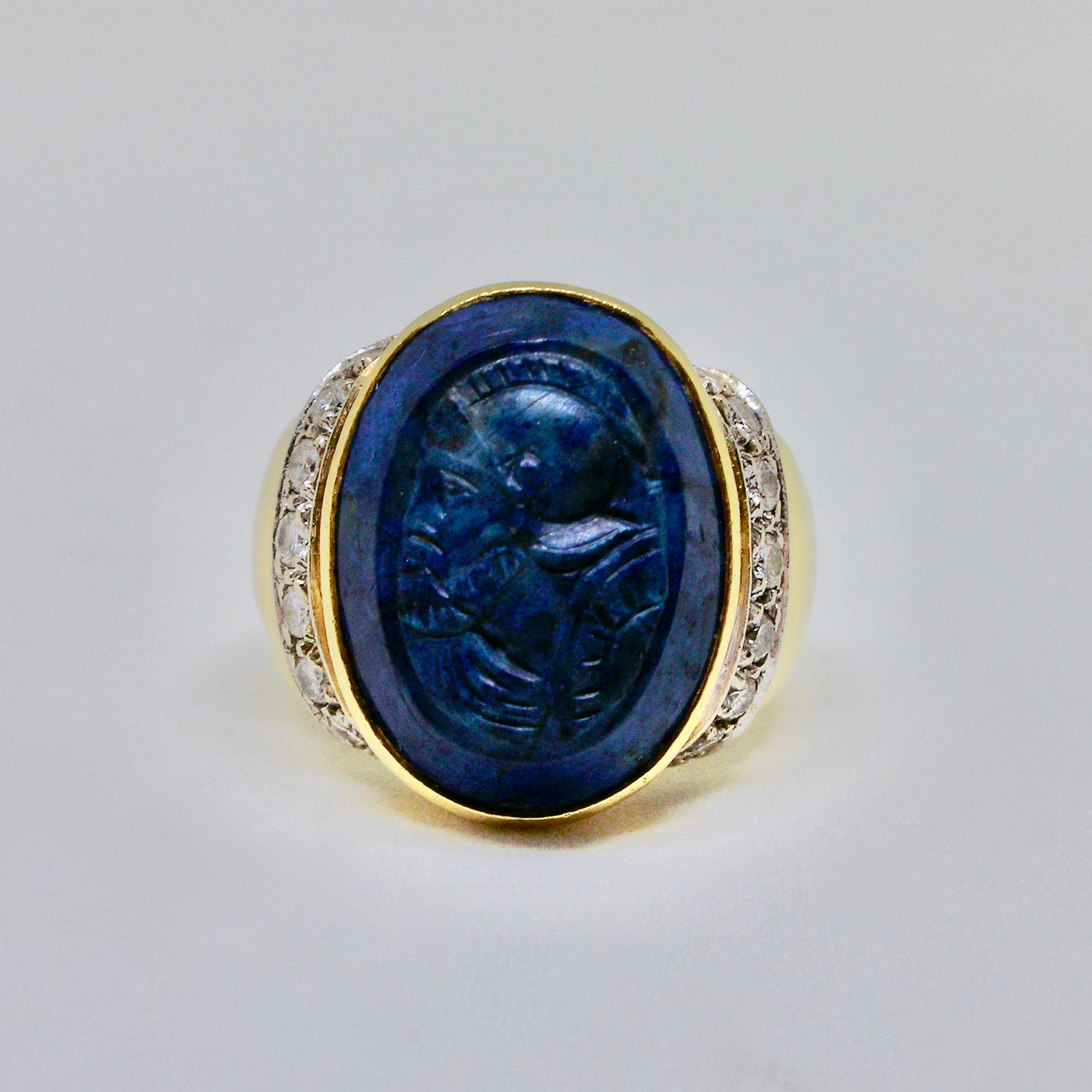 Women's or Men's Cameo Gold Ring on Sodalite For Sale