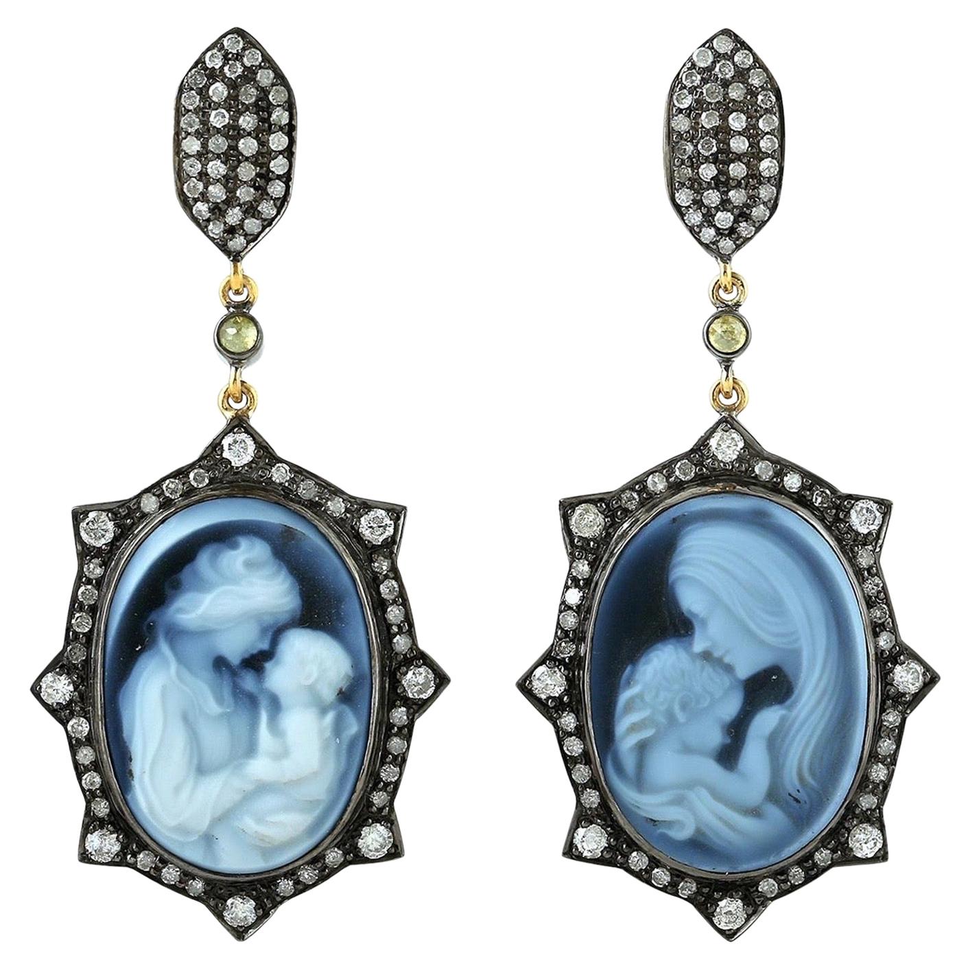 Cameo Mother Child Diamond Earrings For Sale