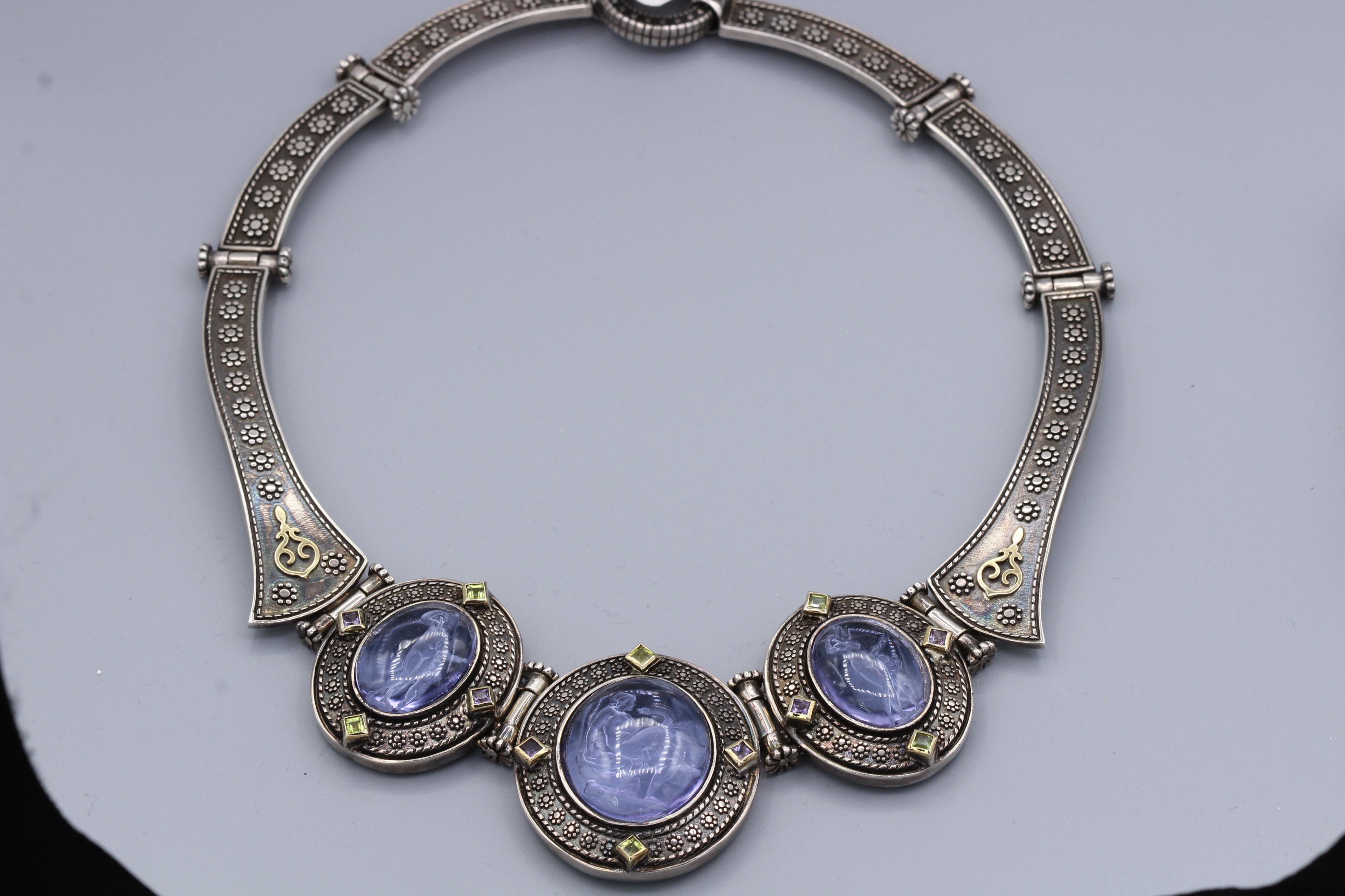 Women's Cameo of Greek Zeus Leda Swan Gods in Italian Murano Glass Purple Necklace  For Sale