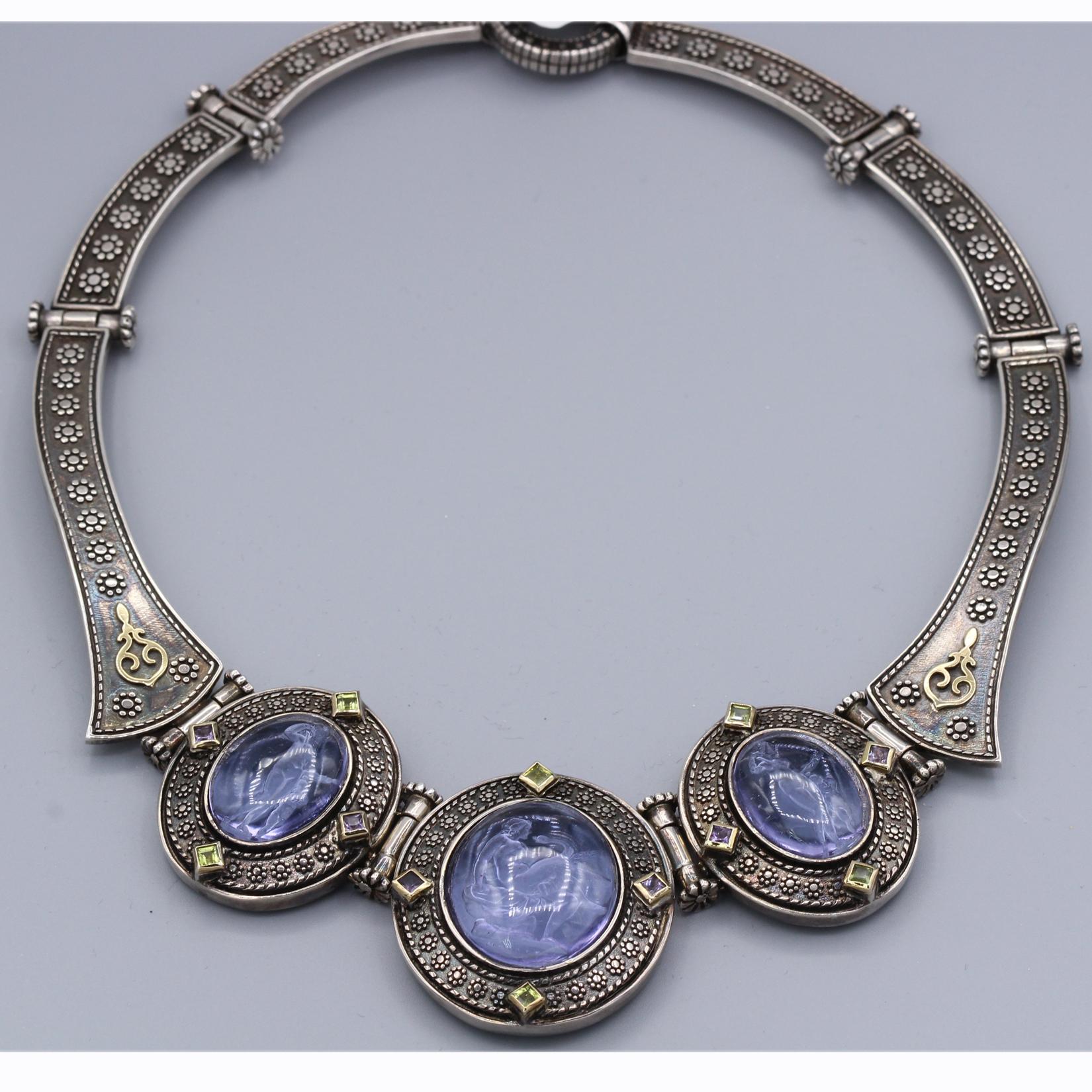 Necklace + Bracelet Set
Cameo of Greek Zeus, Swan & Leda Gods
Carved in Venetian Purple Murano Glas.
Antique / Gothic Style Vintage Necklace and Bracelet

Sterling Silver 925, approx 150 Grams, 
with small natural Amethyst & Peridot stones,
set with