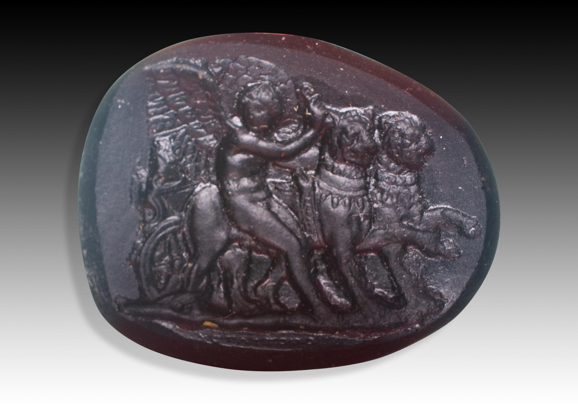Neoclassical Revival Cameo or intaglio, Cupid guiding lions. Glass. Possibly, Italy, 19th century. For Sale