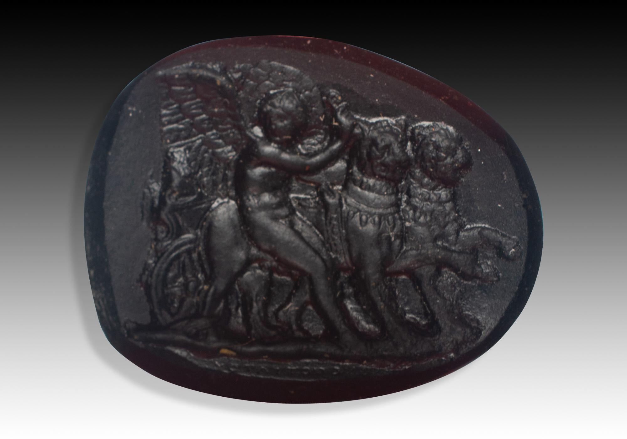 Italian Cameo or intaglio, Cupid guiding lions. Glass. Possibly, Italy, 19th century. For Sale