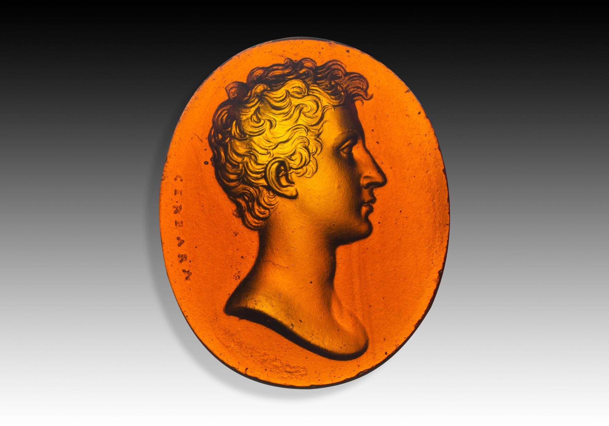 Neoclassical Revival Cameo or intaglio, male profile. Glass. Possibly Italy, 19th century. For Sale