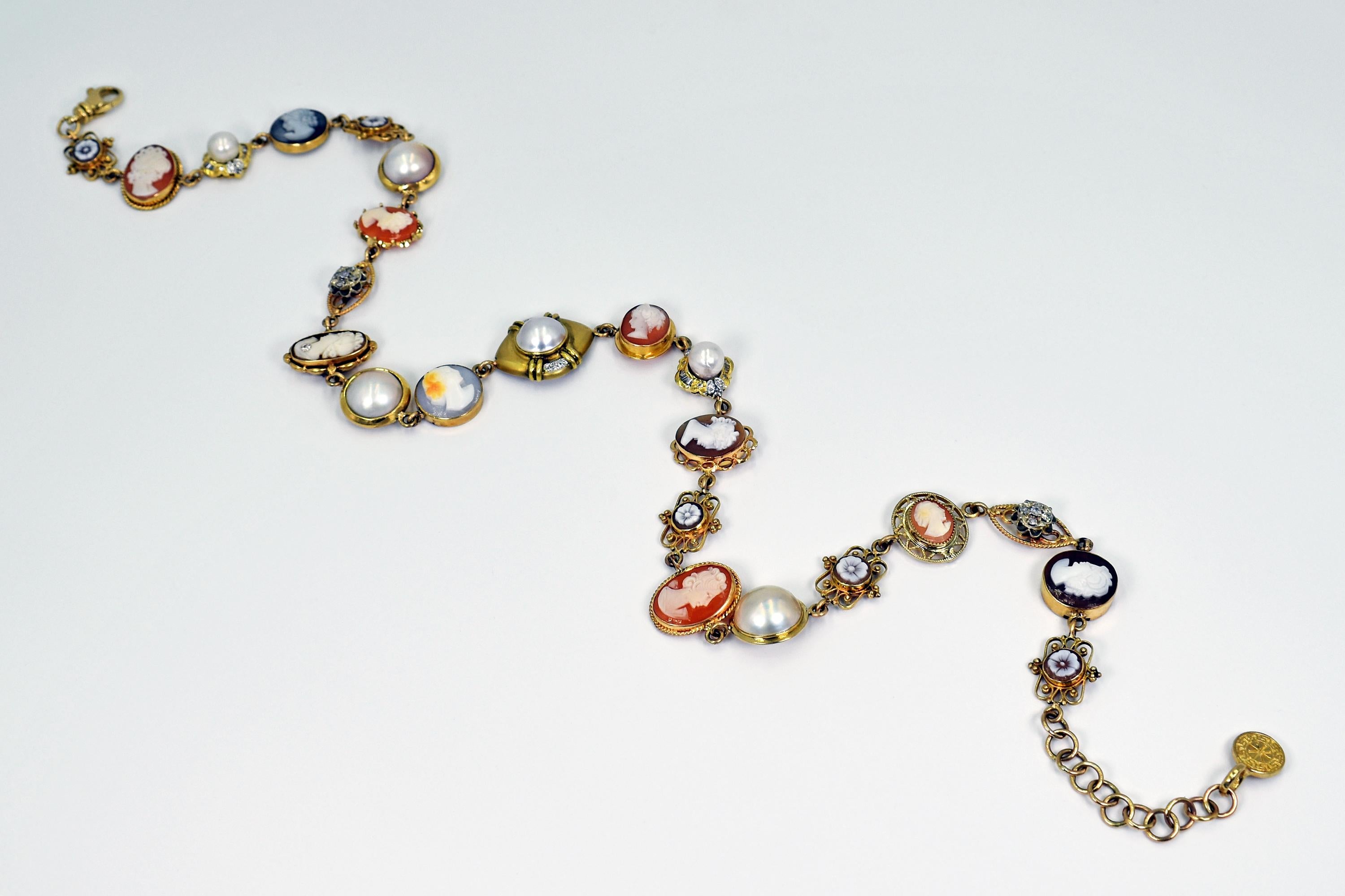 Einzigartige Vicky Orr 14k Gelbgold Bohemian Halskette mit 23 einzigartigen Stücken, darunter Vintage und antike Kameen, Süßwasserperlen und weiße Diamanten. Kragen Halskette ist 19 Zoll in der Länge, und ist mit einem Karabiner-Verschluss und zwei